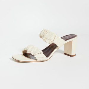 STAUD Cream Ruched Double-Strap Block Heel Sandals